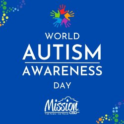 A blue background with a small symbol of colorful handprints, with text that reads, "World Autism Awareness Day" with the Mission CISD logo